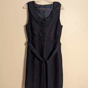 Ann Taylor Navy blue linen v-neck sleeveless dress, with belt sash